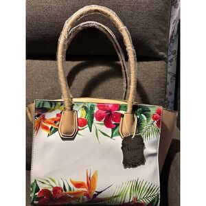 Alyssa Floral Tropical Tote Bag White Tan Hibiscus Bird of Paradise NWT